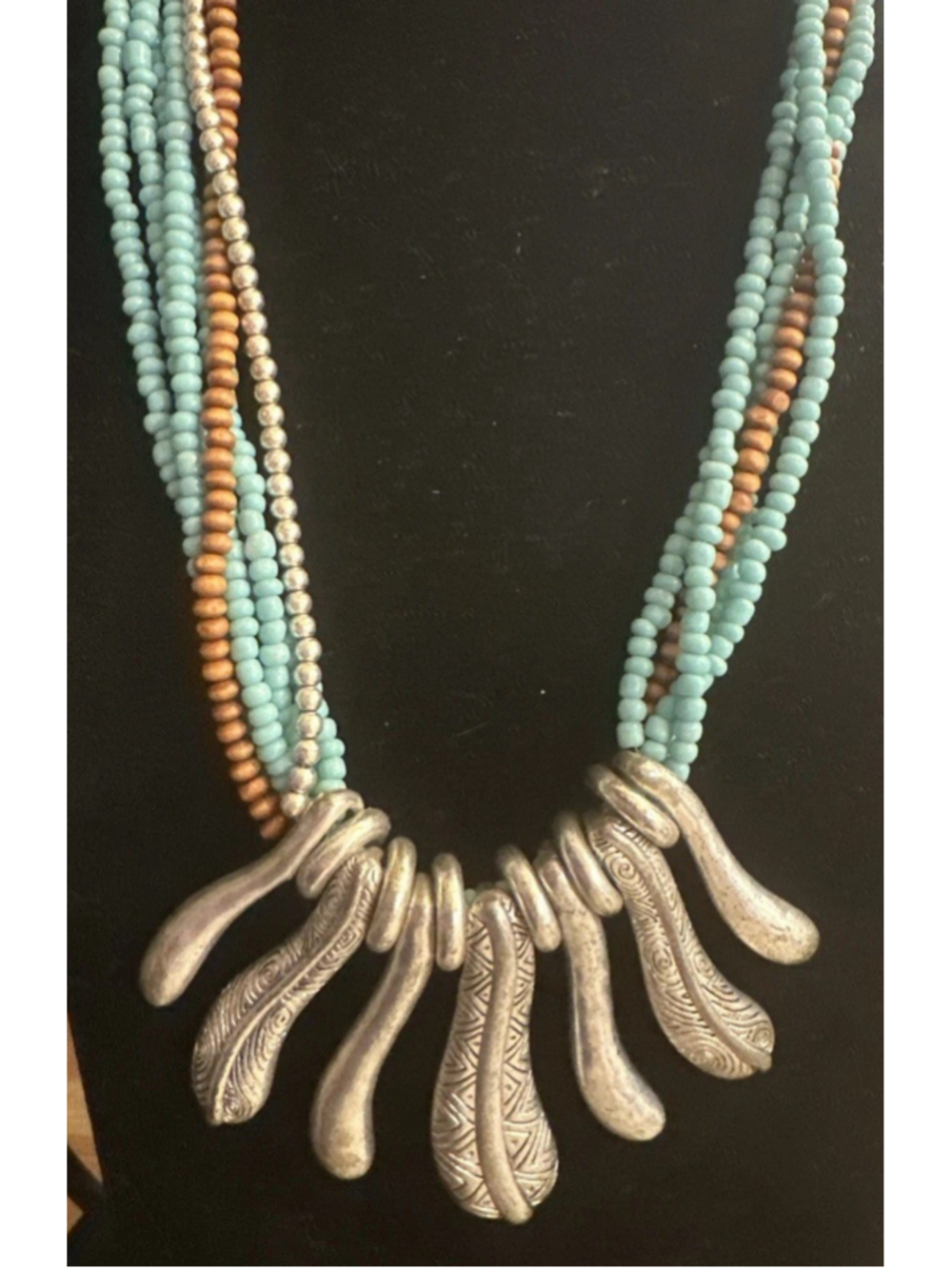 Vtg Navajo Turquoise Glass Wood Metal Bead 6strand SilverTn Statement Necklace